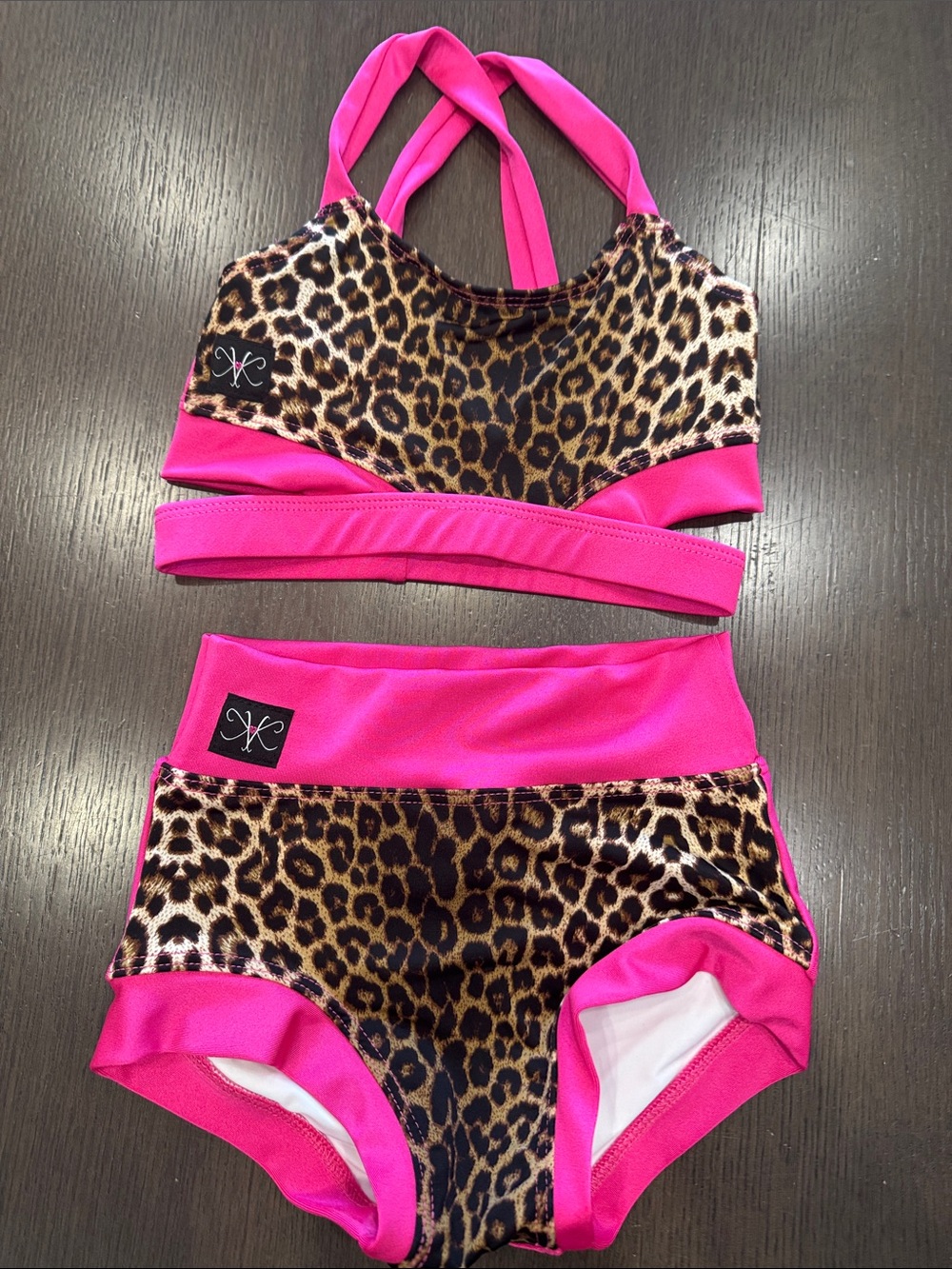Girls Leopard Print Two-Piece Dancewear set with Hot Pink Trim by Kandi Kouture